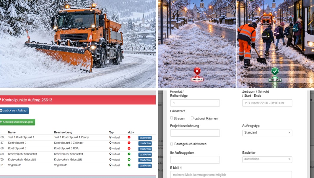 Winterdienst mit Räumfahrzeug, Kontrollpunkten vor und nach dem Räumen sowie Auftrag mit Einsatzart Streuen/Räumen