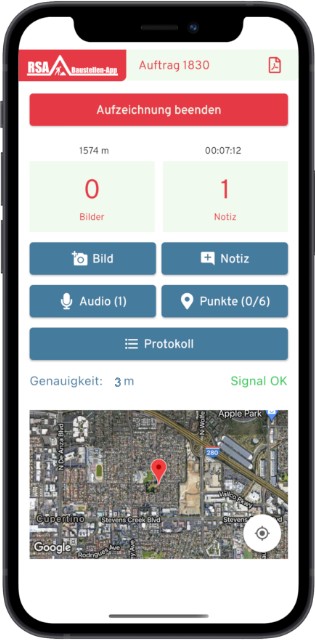 RSA Control App während einer laufenden Kontrollfahrt
