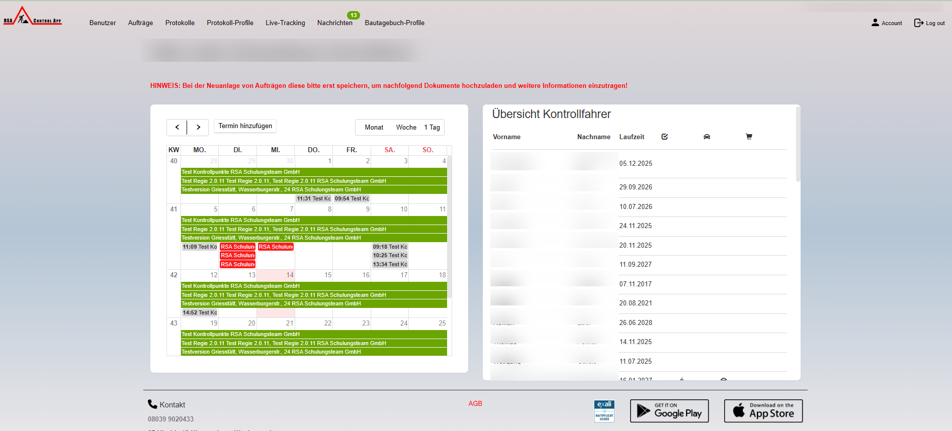 Startseite des Admin-Tools am Bildschirm