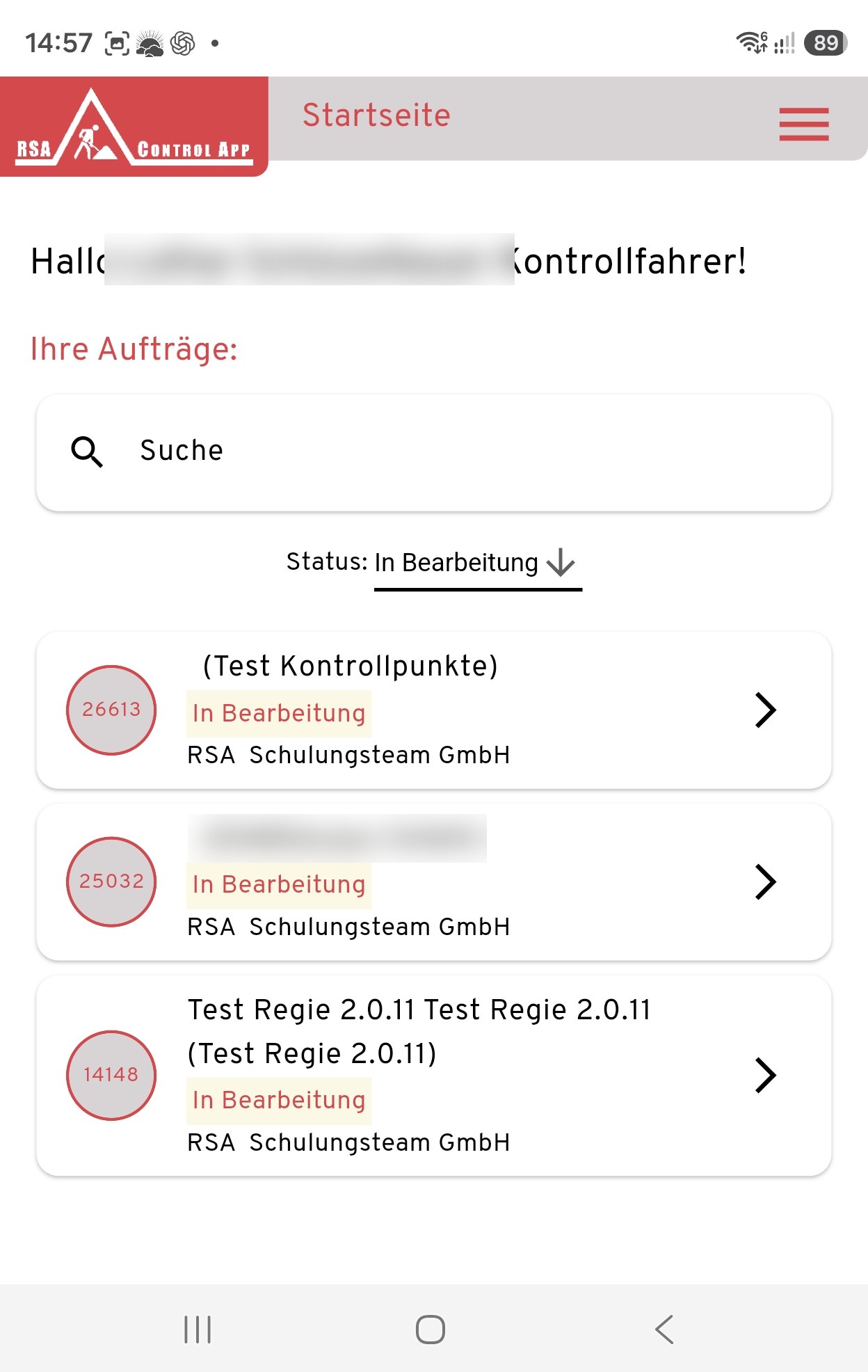 Startseite der RSA Control App auf dem Smartphone